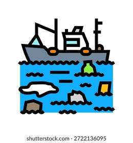 Boot, das durch Plastikmüll-Farbsymbol-Vektor navigiert. Boot, das durch ein Plastikabfallschild fährt. einzelne Symbolgrafik