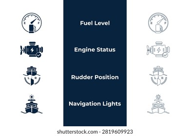 Boat navigation and vessel dashboard vector icon set with rudder position indicator, marine navigation lights, motor engine status, and fuel level gauge