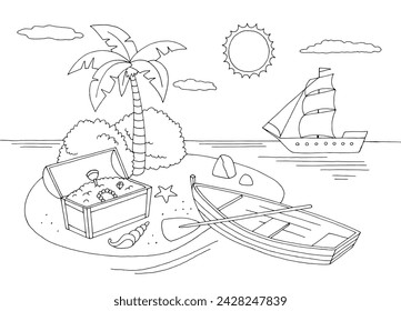 Boat near island graphic black white sea sketch illustration vector