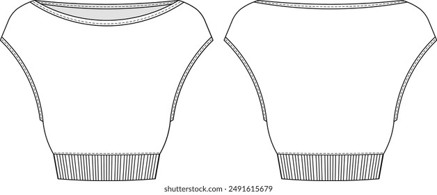 boat neck cap short sleeve ribbed hem cropped crop blouse top t-shirt tee template technical drawing flat sketch cad mockup fashion woman design style model 
