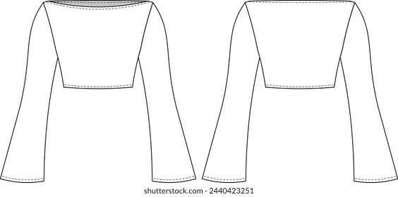 boat neck long kimono bell sleeve crop cropped blouse top template technical drawing flat sketch cad mockup fashion woman design style model