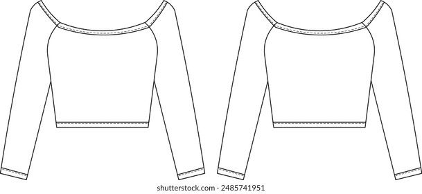 boat neck long sleeve cropped crop blouse top template technical drawing flat sketch cad mockup fashion woman design style model 