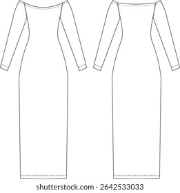 boat neck off the shoulder neck long sleeve elastic fit bodycon long maxi dress template technical drawing flat sketch cad mockup fashion woman design style model 