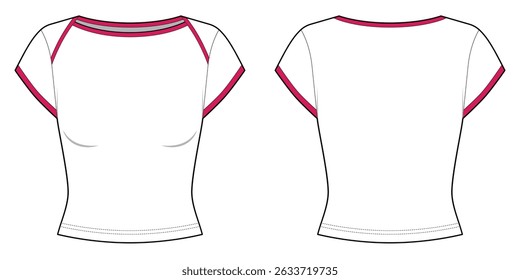 Boat Neck Short Sleeve T-shirt Slim Fit for Women- Front and Back View- Flat Vector Illustration- CAD Mock-up
