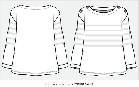 BOAT NECK STRIPER KNIT TOP WITH BUTTONED DETAILFOR WOMEN AND TEEN GIRLS IN  VECTOR ILLUSTRATION FILE