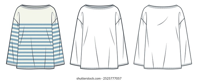 Boat Neck Sweater ilustração de moda técnica, design listrado. Modelo de desenho técnico plano da moda do jumper do tricô, manga larga, tamanho excessivo, vista traseira frontal, branco, mulheres, homens, conjunto de maquete CAD unissex.