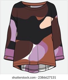 BOAT NECK TOP WIDE NECK ABSTRACT PRINT BLOUSE DESIGNED FOR WOMEN AND TEEN GIRLS IN VECTOR ILLUSTRATION FILE