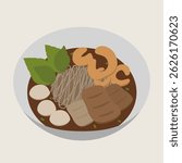 Boat noodle rice noodle meatball tofu fried garlic basil Asian food brown soup traditional delicious savory comforting flat lay lunch dinner cuisine garnish
