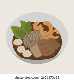 Boat noodle rice noodle meatball tofu fried garlic basil Asian food brown soup traditional delicious savory comforting flat lay lunch dinner cuisine garnish