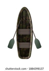 A boat with oars for fishing and tourism in hakki color. View from above. For kayaking and rowing. Realistic style. Vector illustration isolated on white background. 