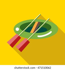 Boat with oars icon in flat style with long shadow. Float symbol