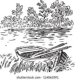 Boat with oars near the shore. Vector illustration.