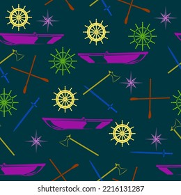 Boat, oars, steerling wheel, axe and sword in outline style. Seamless pattern. Sea texture. Printable design. Wallpaper element. Random square pattern.
