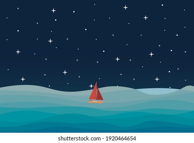 boat in the ocean at night with starry sky illustration