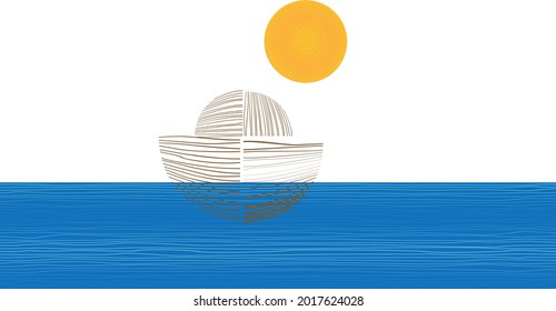 Boat, ocean and sun . Sunset Logo Element. Minimal art background . Hand drawn lines . Vector Illustration. 