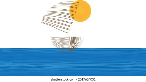 Boat, ocean and sun . Sunset Logo Element. Minimal art background . Hand drawn lines . Vector Illustration. 