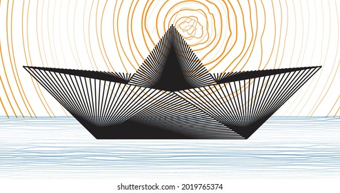 Boat, ocean and sun . Sunset Logo Element. Minimal art background . Hand drawn lines . Vector Illustration. 