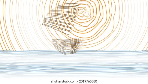 Boat, ocean and sun . Sunset Logo Element. Minimal art background . Hand drawn lines . Vector Illustration. 