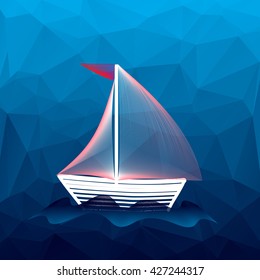 The boat on the background of the triangles. Yacht vector illustration on a blue background. The white boat with a red flag. Blue background with triangles