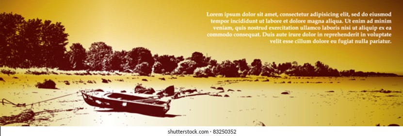 Boat on the bank of a gulf. Vintage vector banner