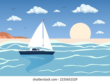 Barco en la playa con nubes, arena. Hermoso paisaje. Fondo de verano