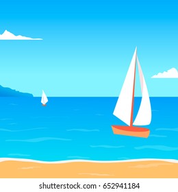 Boat on beach with clouds, sand. Beautiful landscape. Summer background