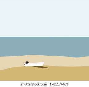 Boat on the beach. Landscape coast sea view of the tropical ocean. Minimalist image of Scandinavian or Nordic seaside landscape.