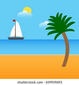 Boat on beach with palm, sun and clouds. Vector illustration