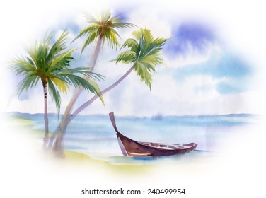 Boat on the beach and palm trees on white background vector illustration
