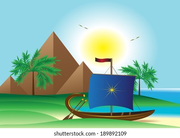 The boat on a beach and pyramids.