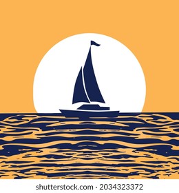 Boat on beach Vector illustration Sailing boat is sailing along the seashore
