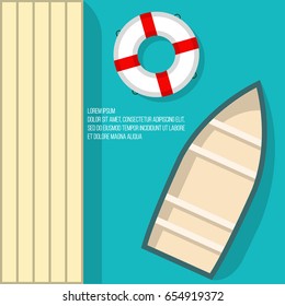 Boat on beach Vector illustration Rowing boat and a life ring are floating near to a wooden pier