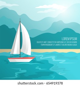 Boat on beach Vector illustration Sailing boat is sailing along the seashore