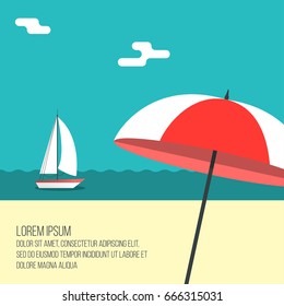 Boat on beach Vector illustration Sailing boat is sailing along the coast with beach umbrellas Summer holiday illustration in flat design