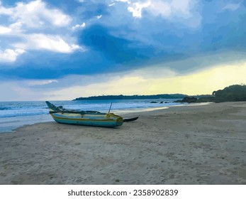 Boat on the beach wide view. Beach and sky background summer seascape.