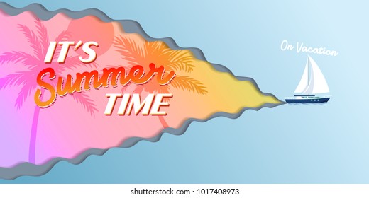 Boat on blue paper and summer holiday background. on vacation summer. vector illustration