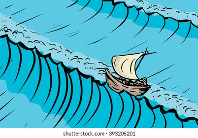 Boat on crest of tall ocean waves as sketched background illustration