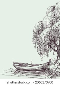 Boat on lake anchored near a willow tree