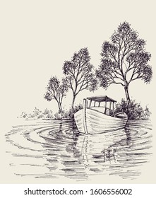 Boat on lake close to the shore hand drawing. Idyllic landscape sketch