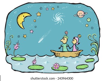 Boat on lake in moonlight. Drawing vector