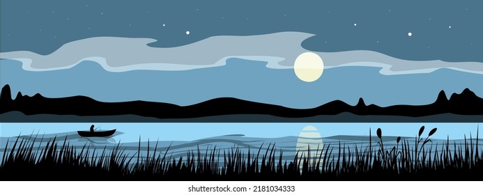 boat on lake at night with stars, vector landscape, digital background