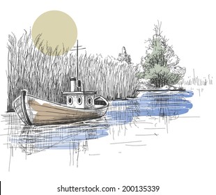 Boat on lake, river vector