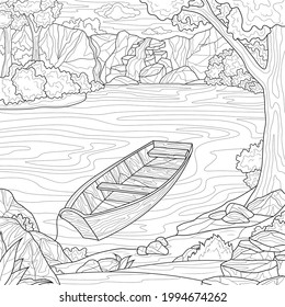 
Boat on the lake. Scenery.Coloring book antistress for children and adults. Illustration isolated on white background.Zen-tangle style. Hand draw