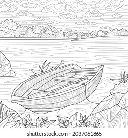 
Boat on the lake.Coloring book antistress for children and adults. Illustration isolated on white background.Zen-tangle style. Hand draw