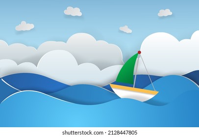 Boat on Ocean Background with Paper Cut Style