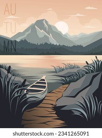 Boat on river bank. Autumn landscape of mountains and lake
