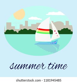 boat on the river. Greeting card with a landscape.
