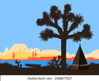 The boat on the river shore near the american Indian wigwam and Joshua tree. Vector illustration