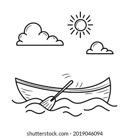 Boat on the sea with cloud and sun vector illustration with simple hand drawn sketching style