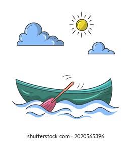 Boat the sea and cloud   sun Colored vector illustration and simple hand drawn sketching style